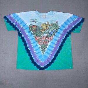 Rainforest Cafe Tie Dye T-Shirt Frogs V-Dye Double Sided Graphic Blue Green XL